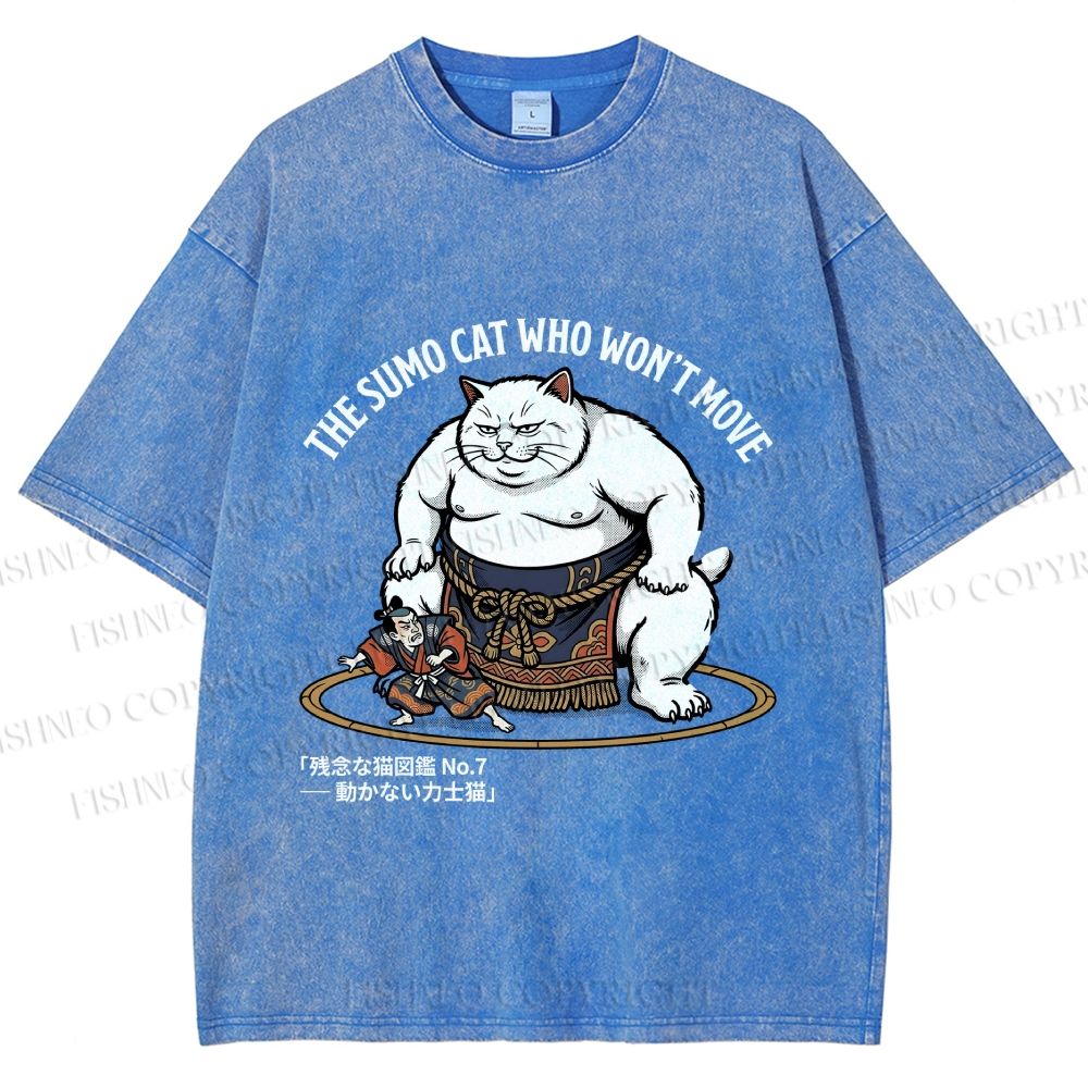 Unisex An Immovable Sumo Cat Printed Washed Tee