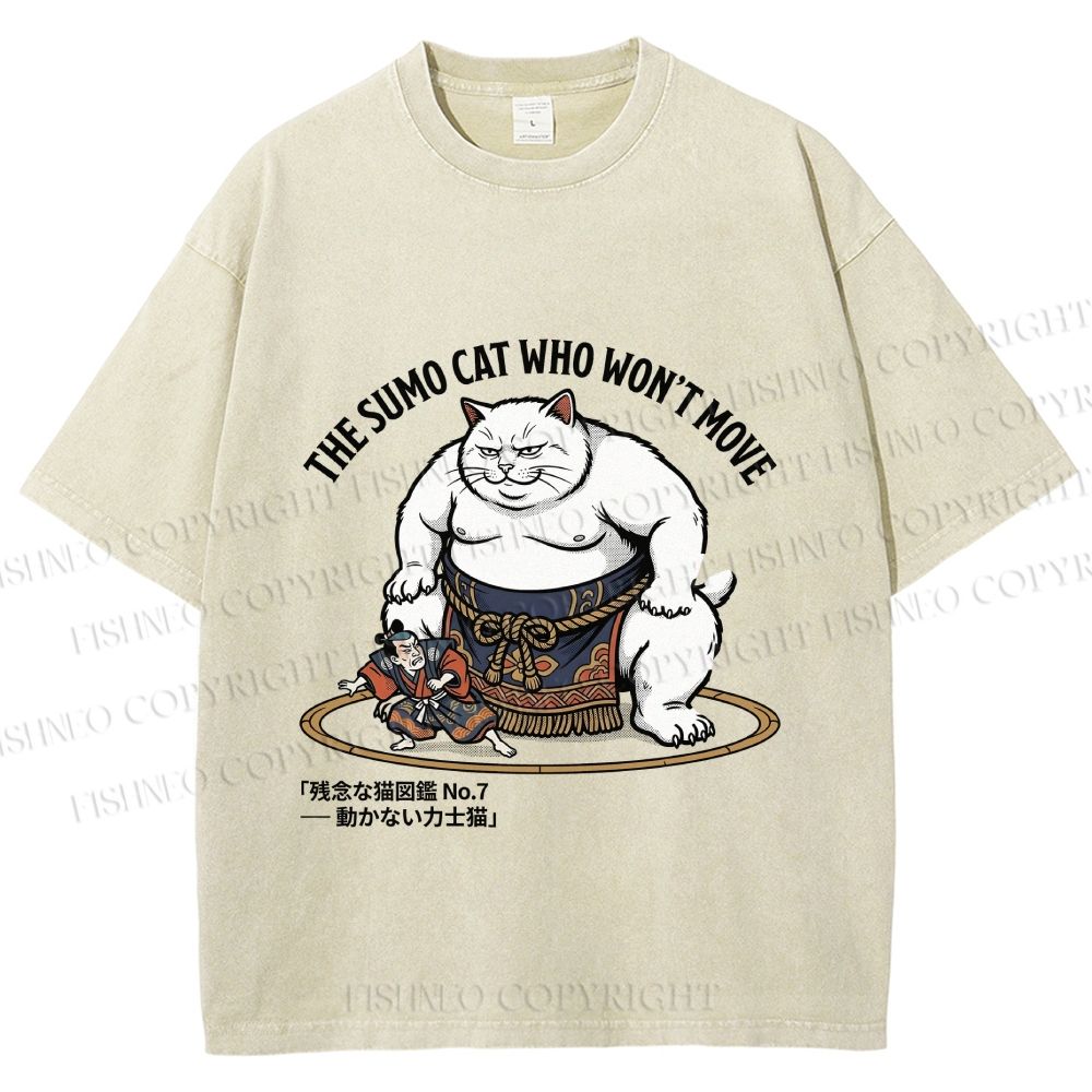 Unisex An Immovable Sumo Cat Printed Washed Tee