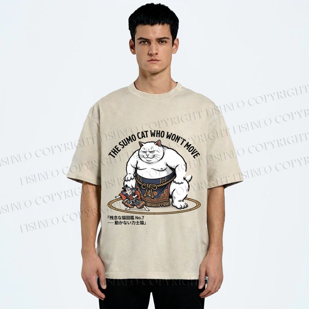 Unisex An Immovable Sumo Cat Printed Washed Tee