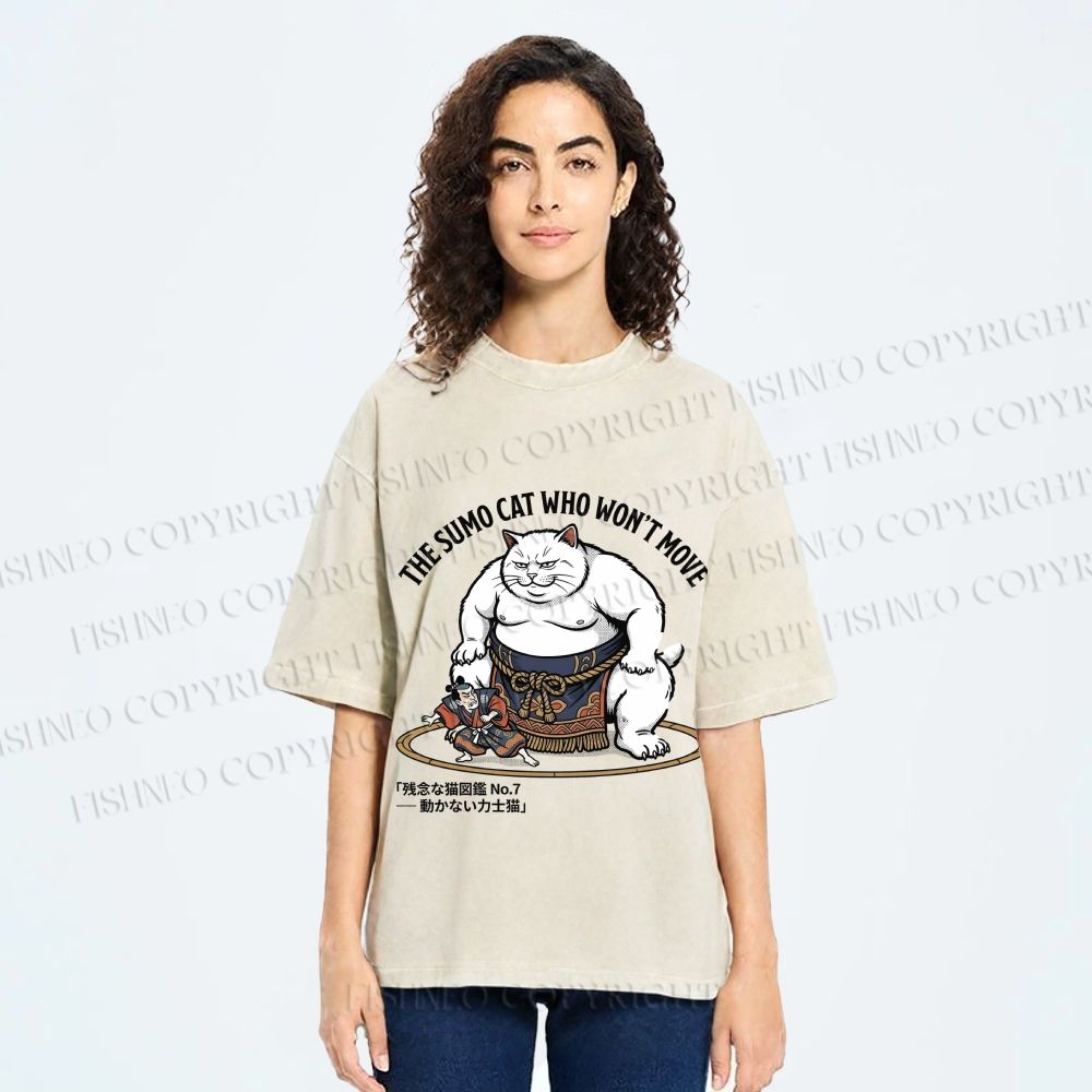 Unisex An Immovable Sumo Cat Printed Washed Tee