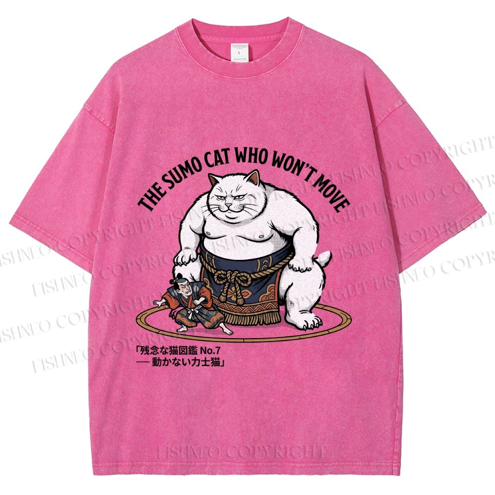 Unisex An Immovable Sumo Cat Printed Washed Tee