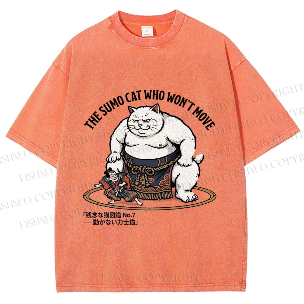 Unisex An Immovable Sumo Cat Printed Washed Tee
