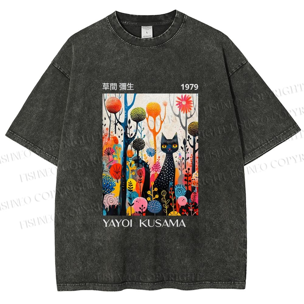 Unisex Yayoi Kusama Cat Printed Washed Tee