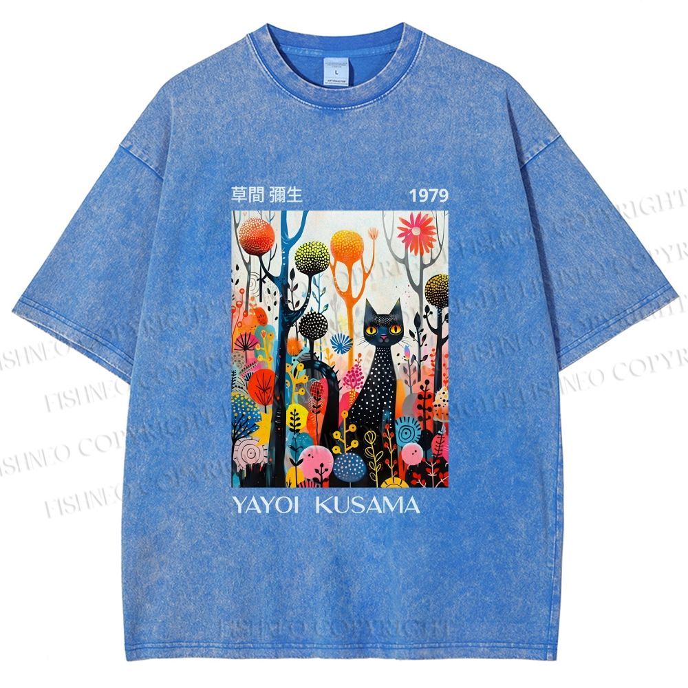 Unisex Yayoi Kusama Cat Printed Washed Tee