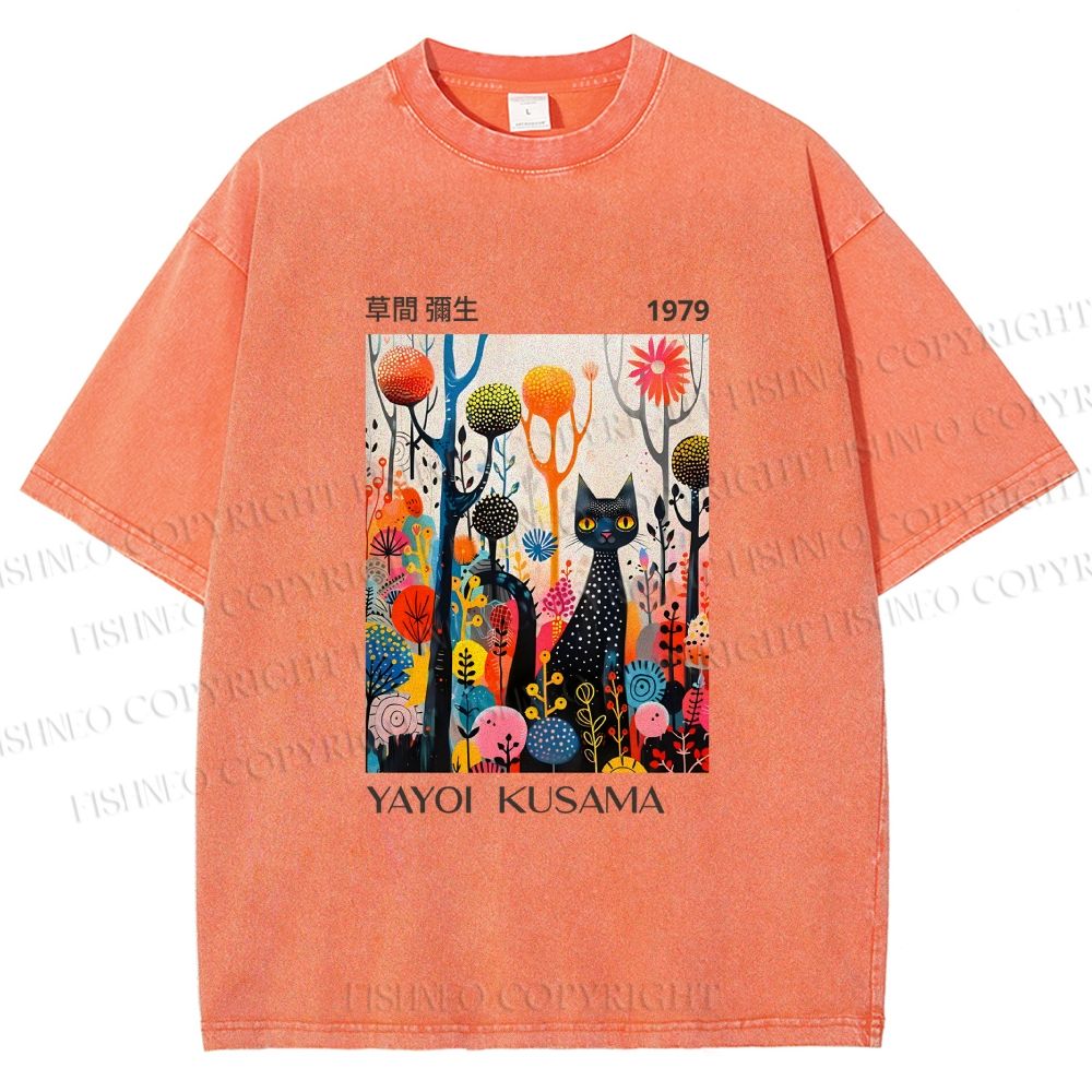 Unisex Yayoi Kusama Cat Printed Washed Tee