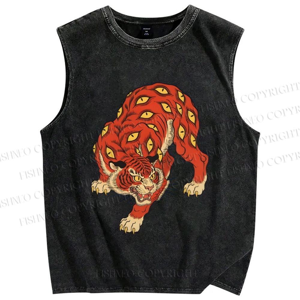 Unisex Ginger Tiger With Eyes Printed Washed Tank Top