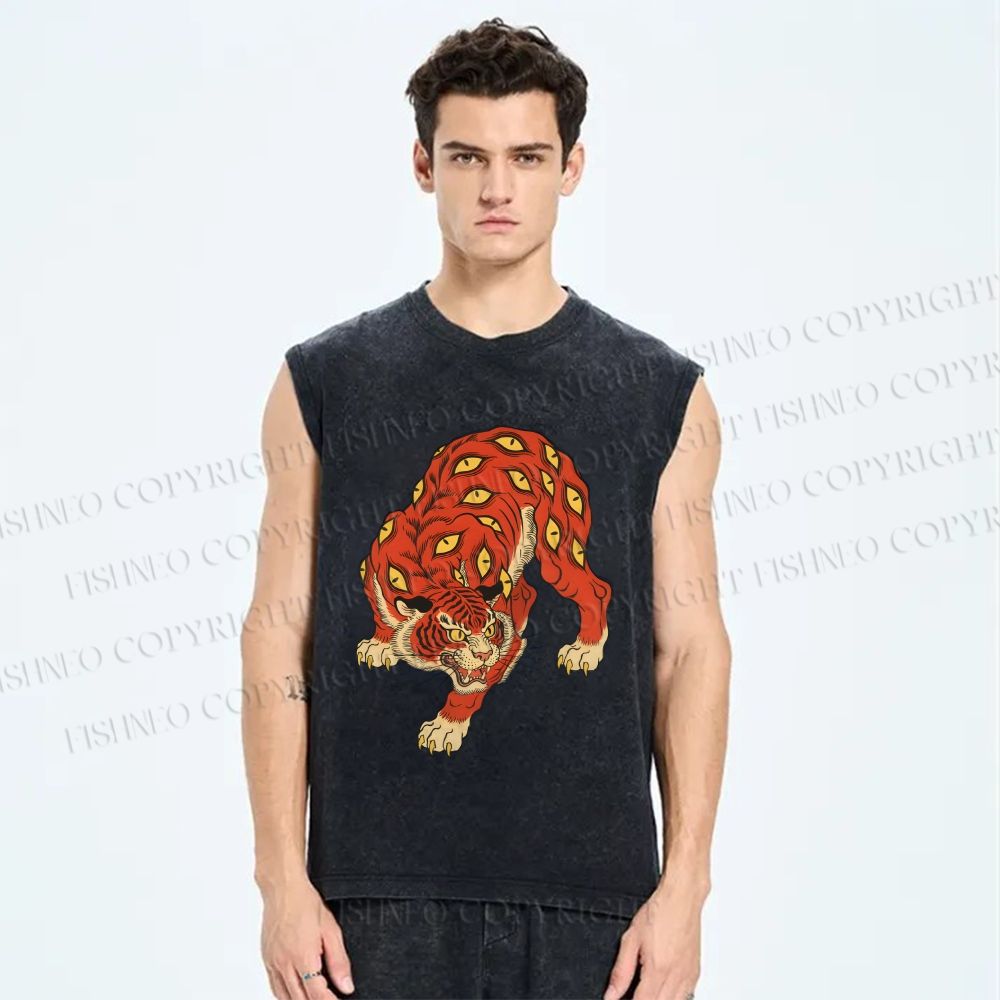 Unisex Ginger Tiger With Eyes Printed Washed Tank Top