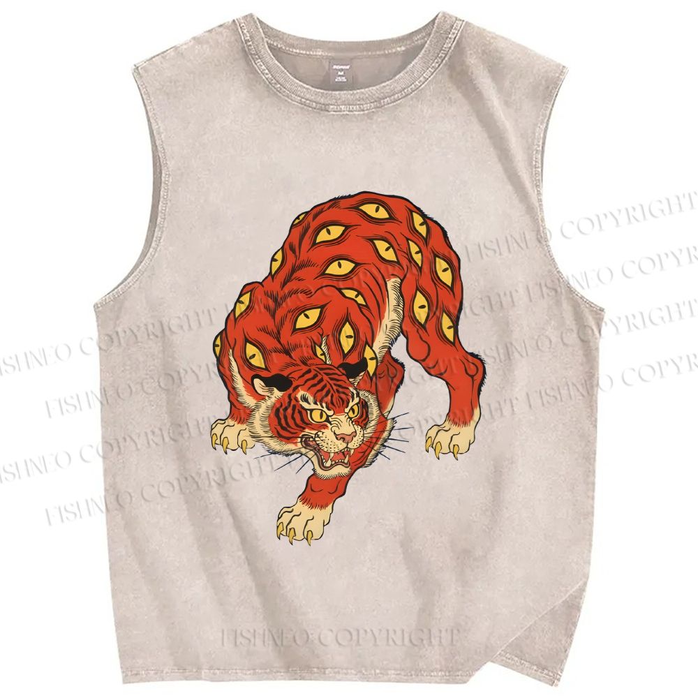 Unisex Ginger Tiger With Eyes Printed Washed Tank Top