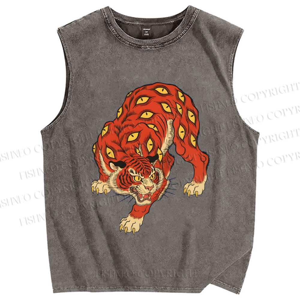 Unisex Ginger Tiger With Eyes Printed Washed Tank Top