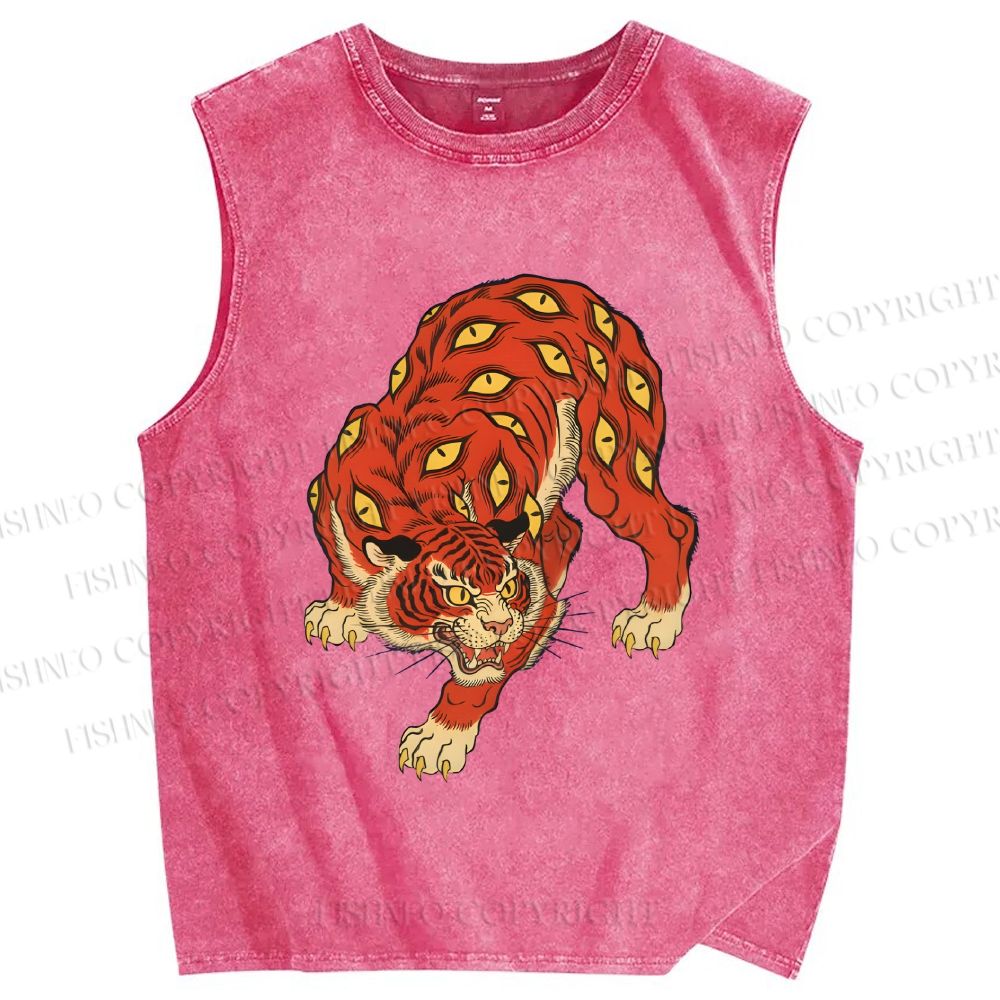 Unisex Ginger Tiger With Eyes Printed Washed Tank Top