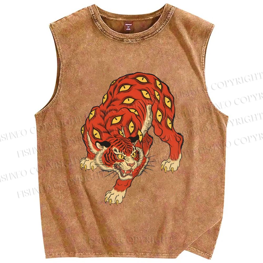 Unisex Ginger Tiger With Eyes Printed Washed Tank Top