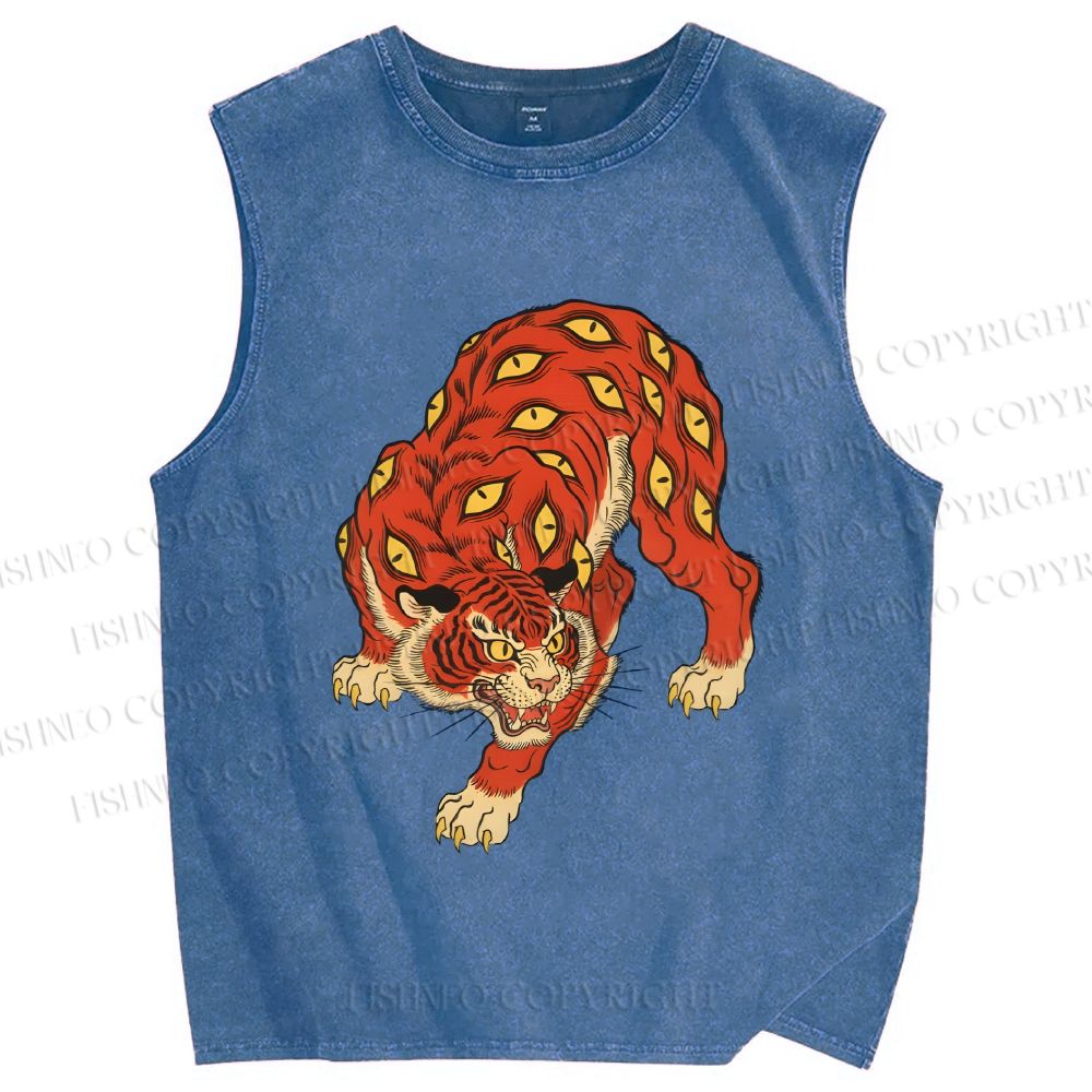 Unisex Ginger Tiger With Eyes Printed Washed Tank Top