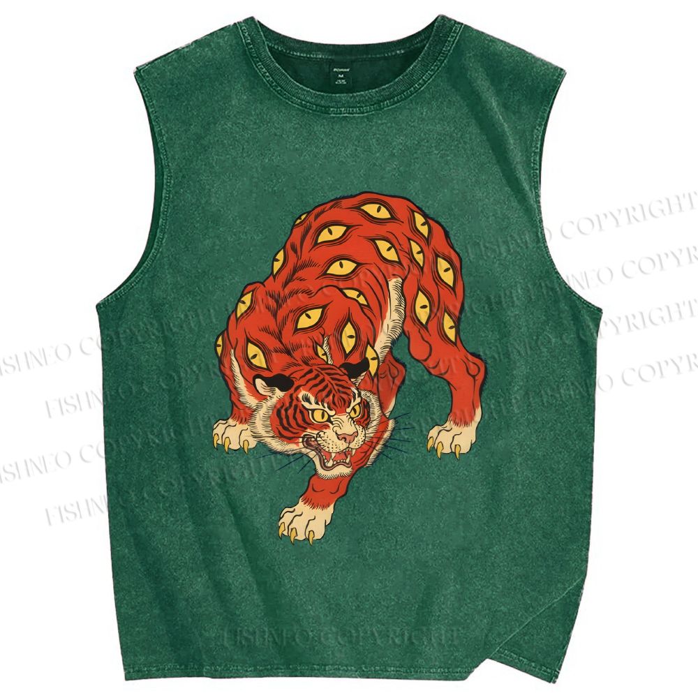 Unisex Ginger Tiger With Eyes Printed Washed Tank Top