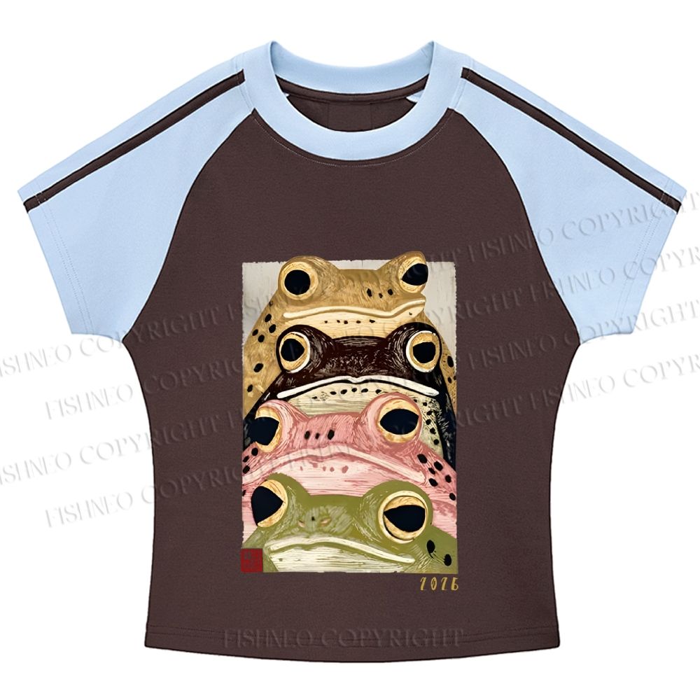 Whimsical Multi ColoredFrog Art Hot girl color-blocked striped raglan sleeve short sleeve