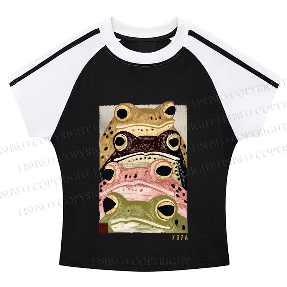 Whimsical Multi ColoredFrog Art Hot girl color-blocked striped raglan sleeve short sleeve