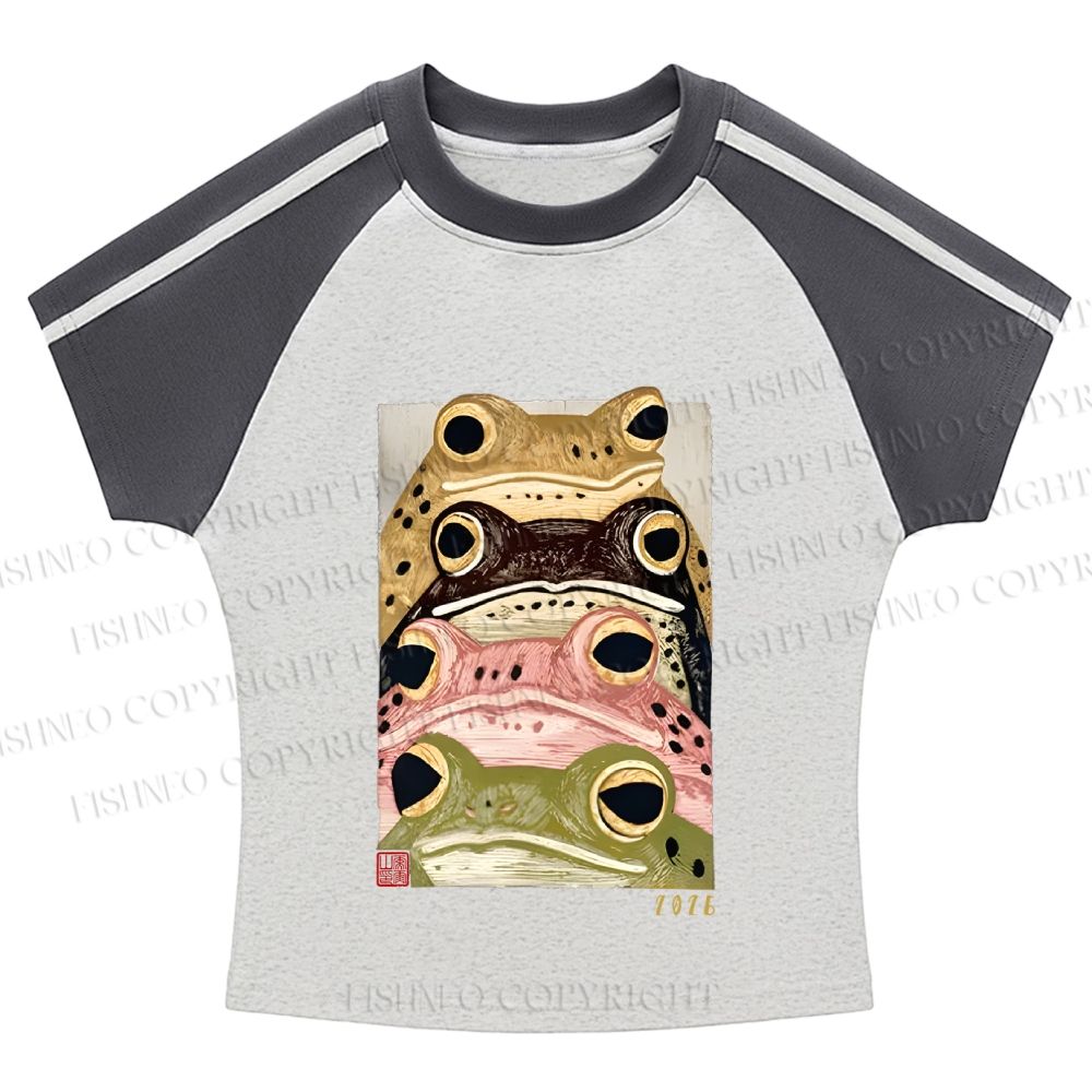 Whimsical Multi ColoredFrog Art Hot girl color-blocked striped raglan sleeve short sleeve