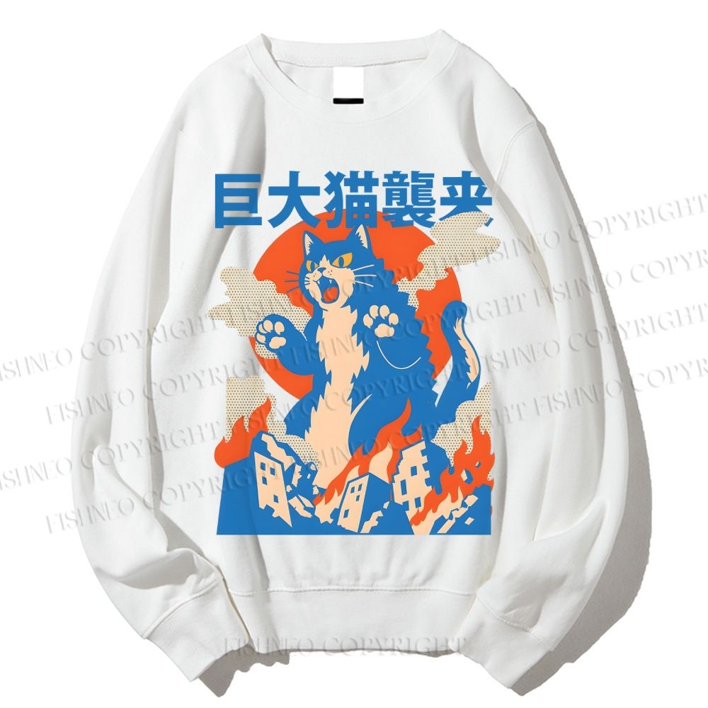Unisex Giant Cat Monster Attack Printed Sweatshirt