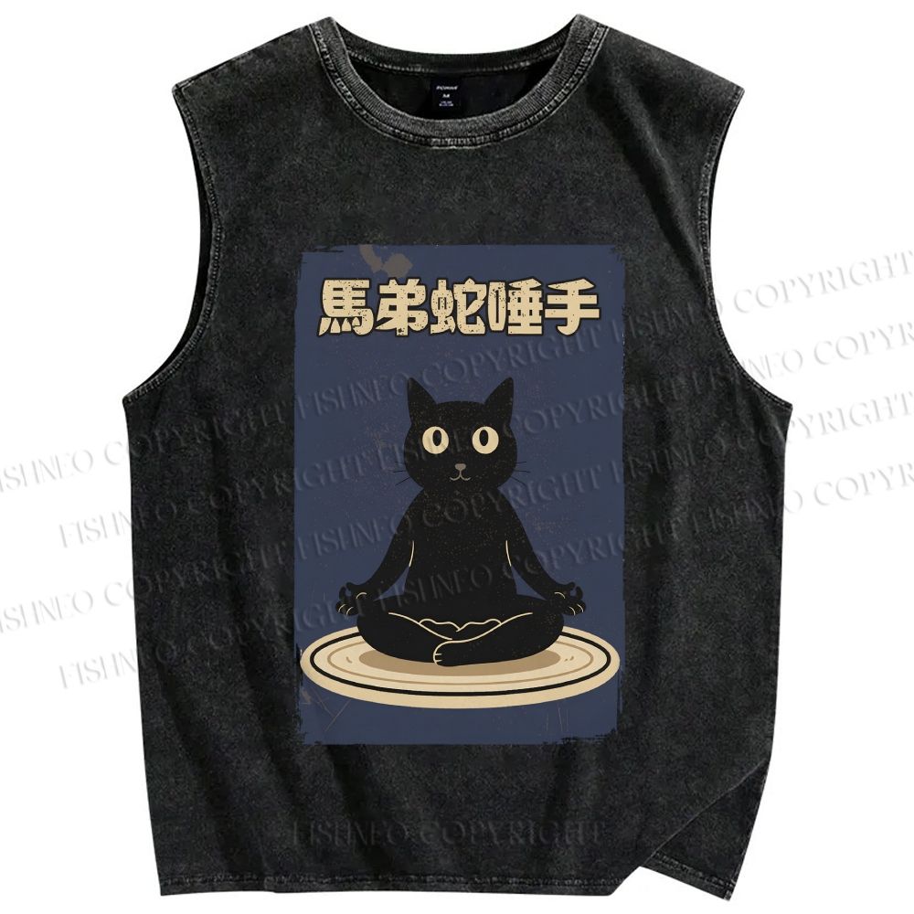 Unisex Black Cat in Plate Printed Washed Tank Top