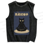 Unisex Black Cat in Plate Printed Washed Tank Top