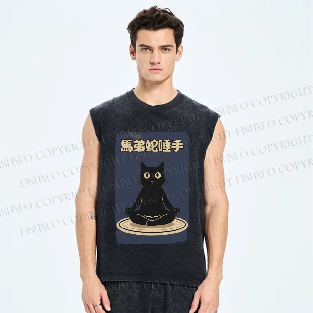 Unisex Black Cat in Plate Printed Washed Tank Top