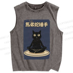 Unisex Black Cat in Plate Printed Washed Tank Top