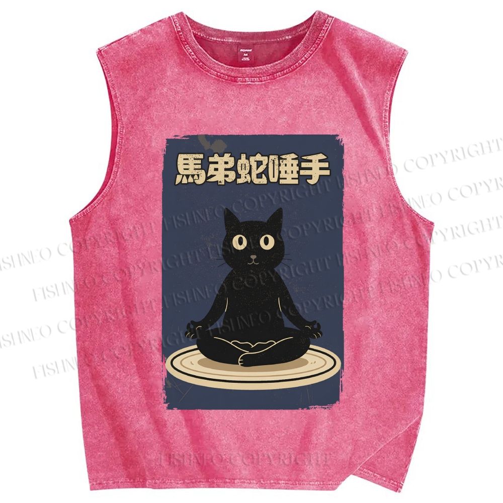Unisex Black Cat in Plate Printed Washed Tank Top