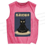Unisex Black Cat in Plate Printed Washed Tank Top