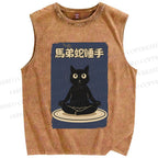 Unisex Black Cat in Plate Printed Washed Tank Top
