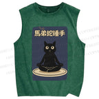 Unisex Black Cat in Plate Printed Washed Tank Top