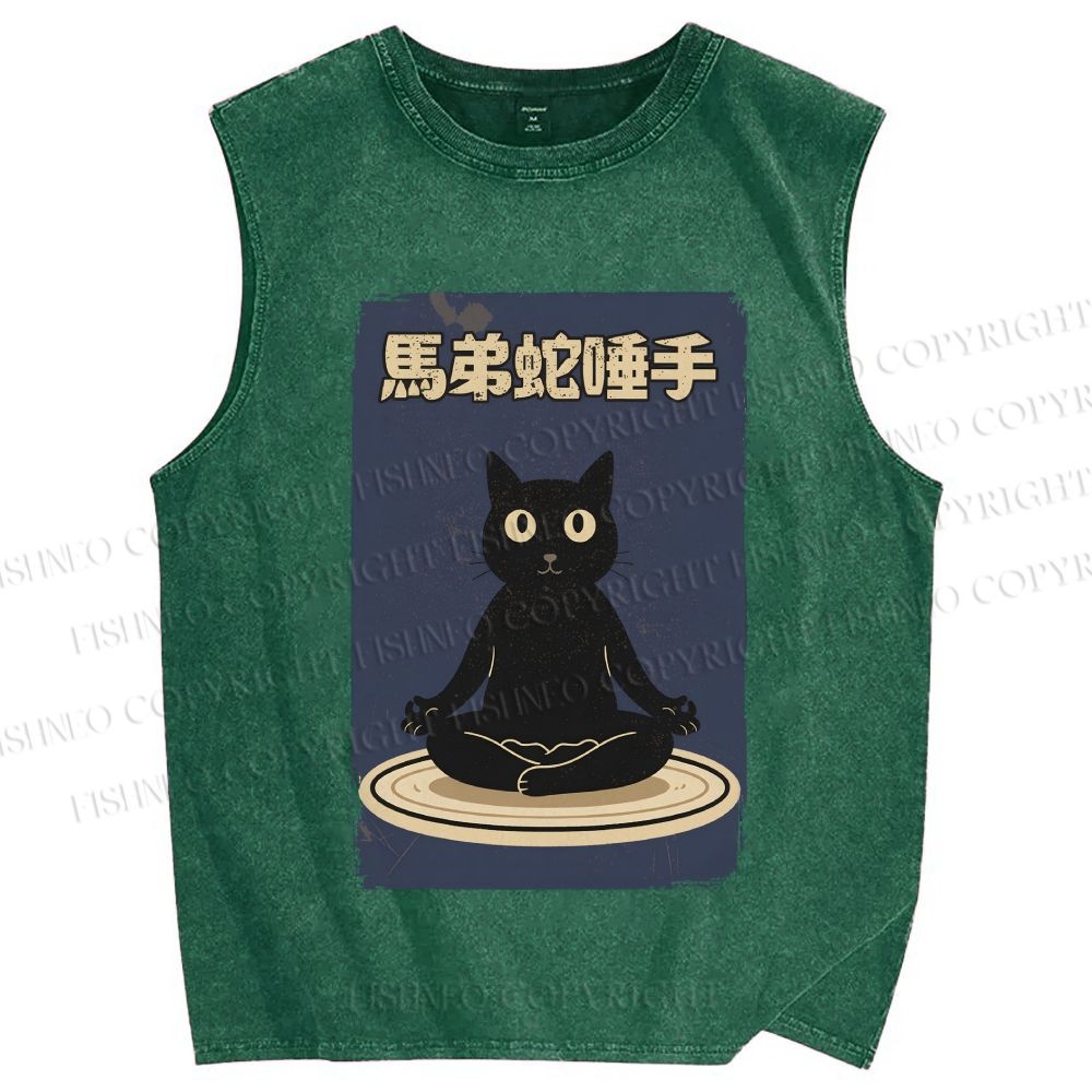 Unisex Black Cat in Plate Printed Washed Tank Top