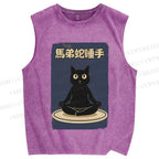 Unisex Black Cat in Plate Printed Washed Tank Top
