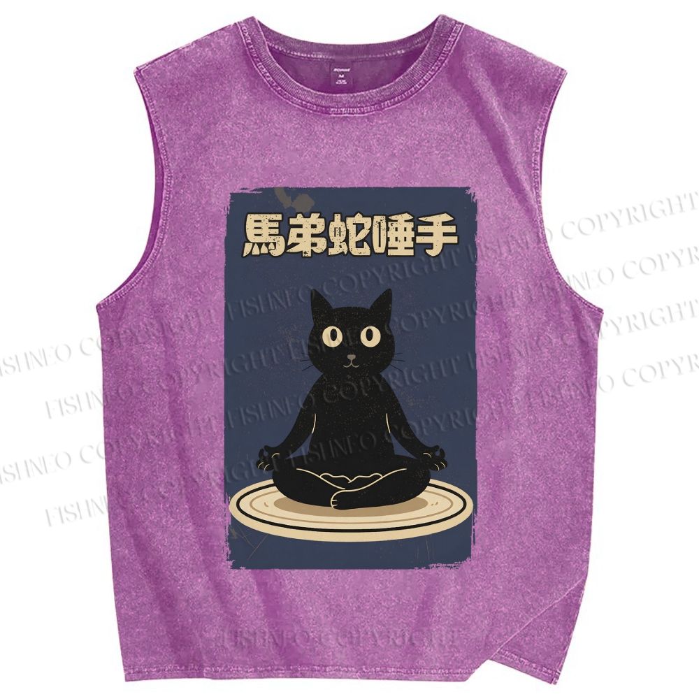 Unisex Black Cat in Plate Printed Washed Tank Top