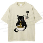 Unisex Japanese Ramen Black Cat Printed Washed Tee