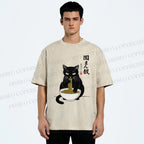 Unisex Japanese Ramen Black Cat Printed Washed Tee
