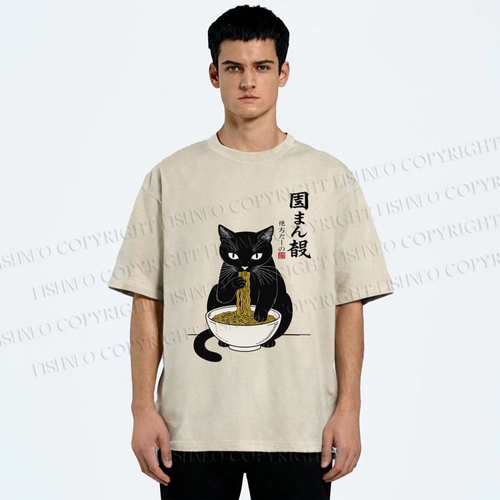 Unisex Japanese Ramen Black Cat Printed Washed Tee