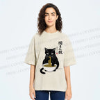 Unisex Japanese Ramen Black Cat Printed Washed Tee