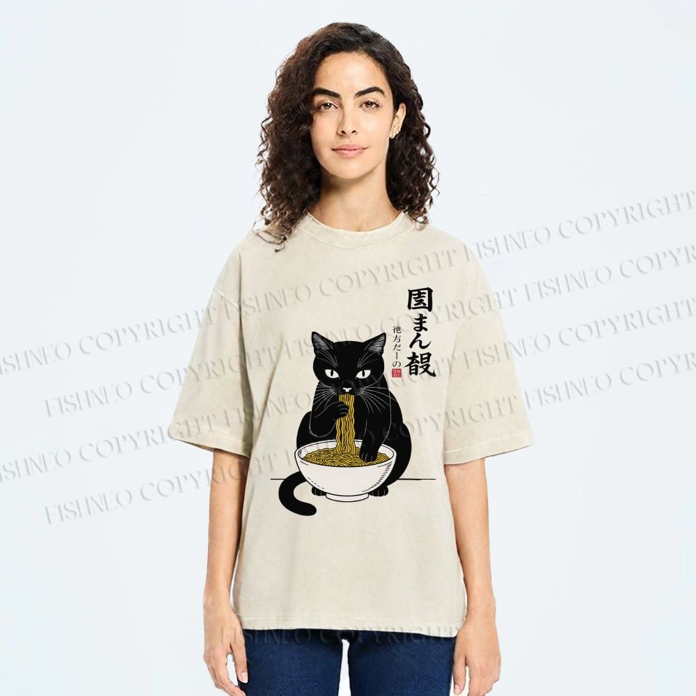 Unisex Japanese Ramen Black Cat Printed Washed Tee