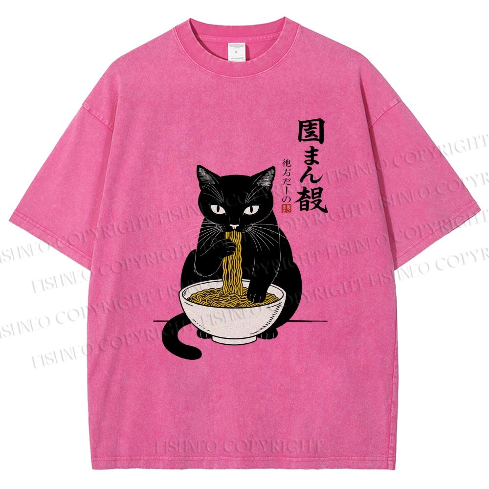 Unisex Japanese Ramen Black Cat Printed Washed Tee