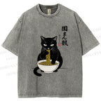 Unisex Japanese Ramen Black Cat Printed Washed Tee