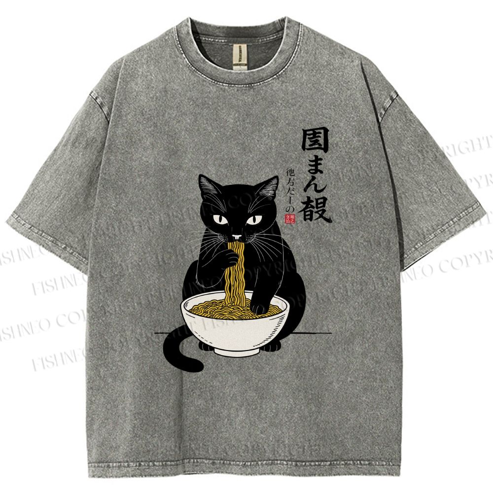 Unisex Japanese Ramen Black Cat Printed Washed Tee