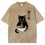 Unisex Japanese Ramen Black Cat Printed Washed Tee