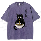 Unisex Japanese Ramen Black Cat Printed Washed Tee