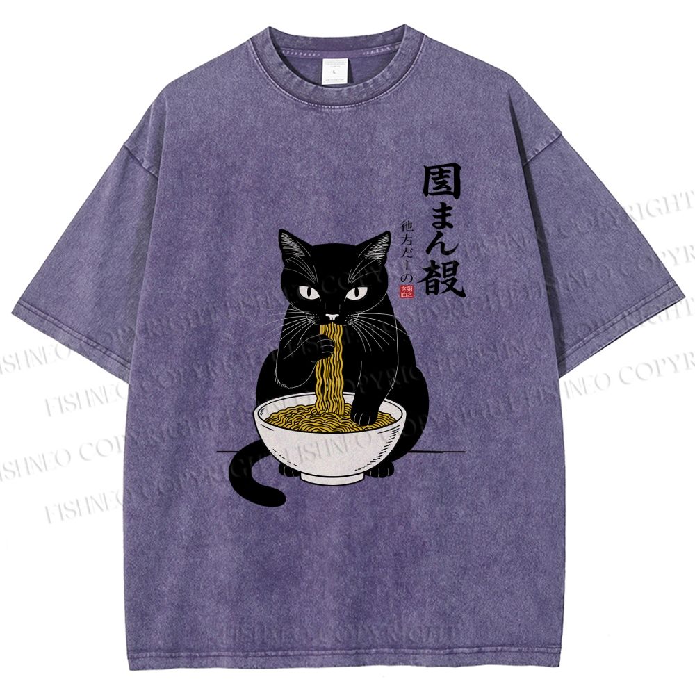 Unisex Japanese Ramen Black Cat Printed Washed Tee
