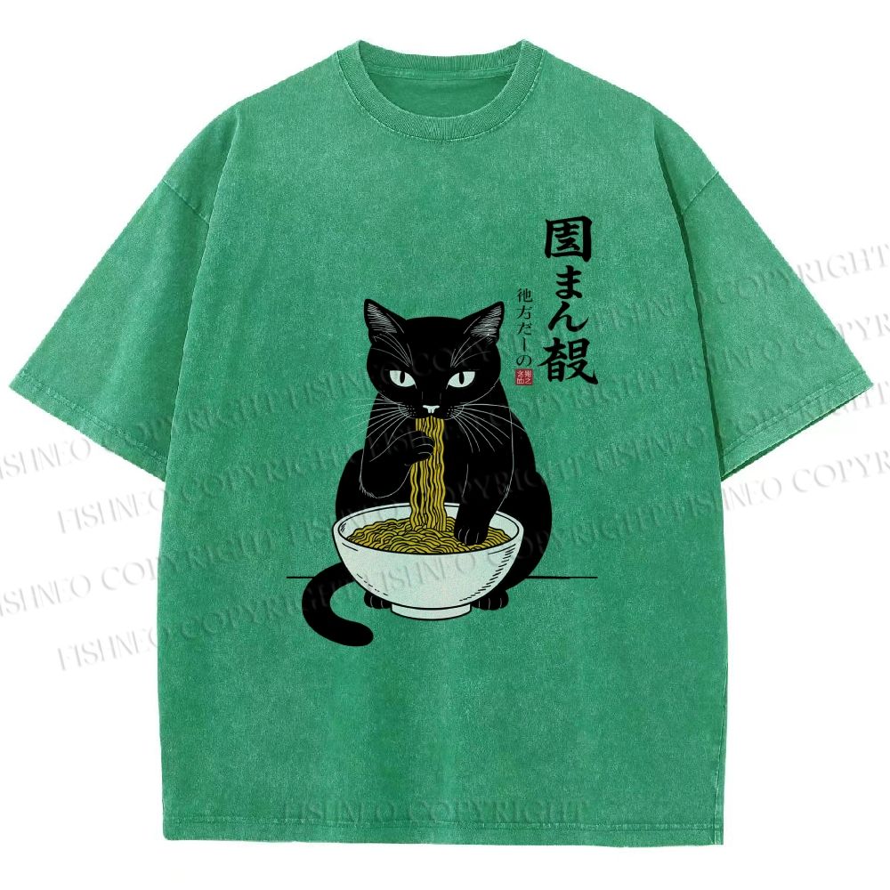 Unisex Japanese Ramen Black Cat Printed Washed Tee