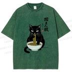 Unisex Japanese Ramen Black Cat Printed Washed Tee