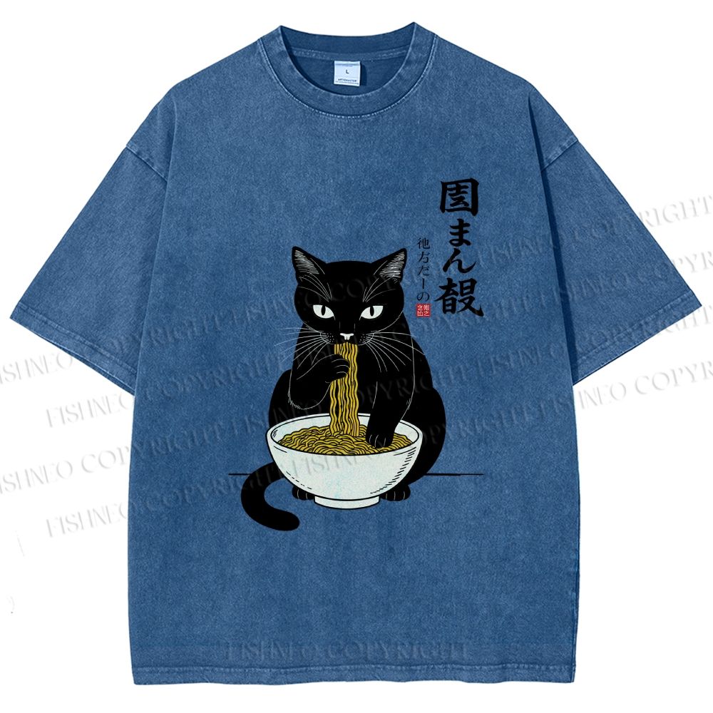 Unisex Japanese Ramen Black Cat Printed Washed Tee
