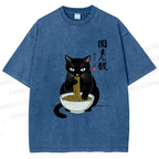 Unisex Japanese Ramen Black Cat Printed Washed Tee