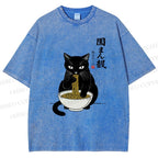 Unisex Japanese Ramen Black Cat Printed Washed Tee
