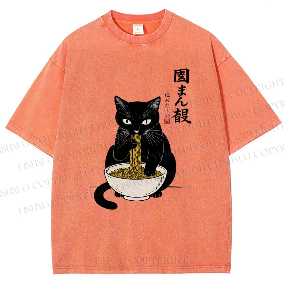 Unisex Japanese Ramen Black Cat Printed Washed Tee