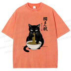 Unisex Japanese Ramen Black Cat Printed Washed Tee